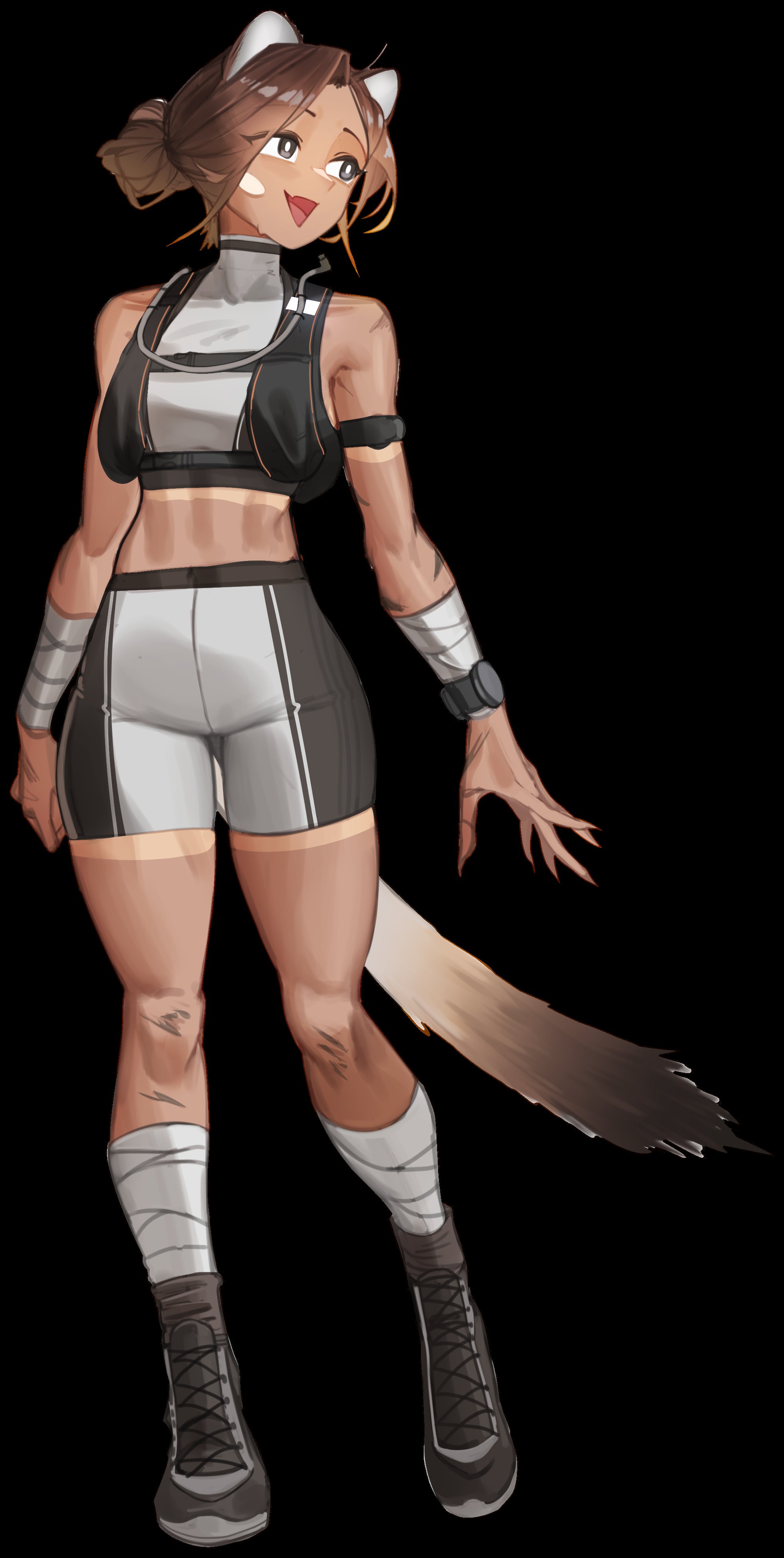 Kiri, a stoat girl with round white-lined ears, a messy bun and a long dark-tipped tail, grinning mid-sentence. She wears a black and grey climbing top and bike shorts, wrapped forearms and shins, and black boots.