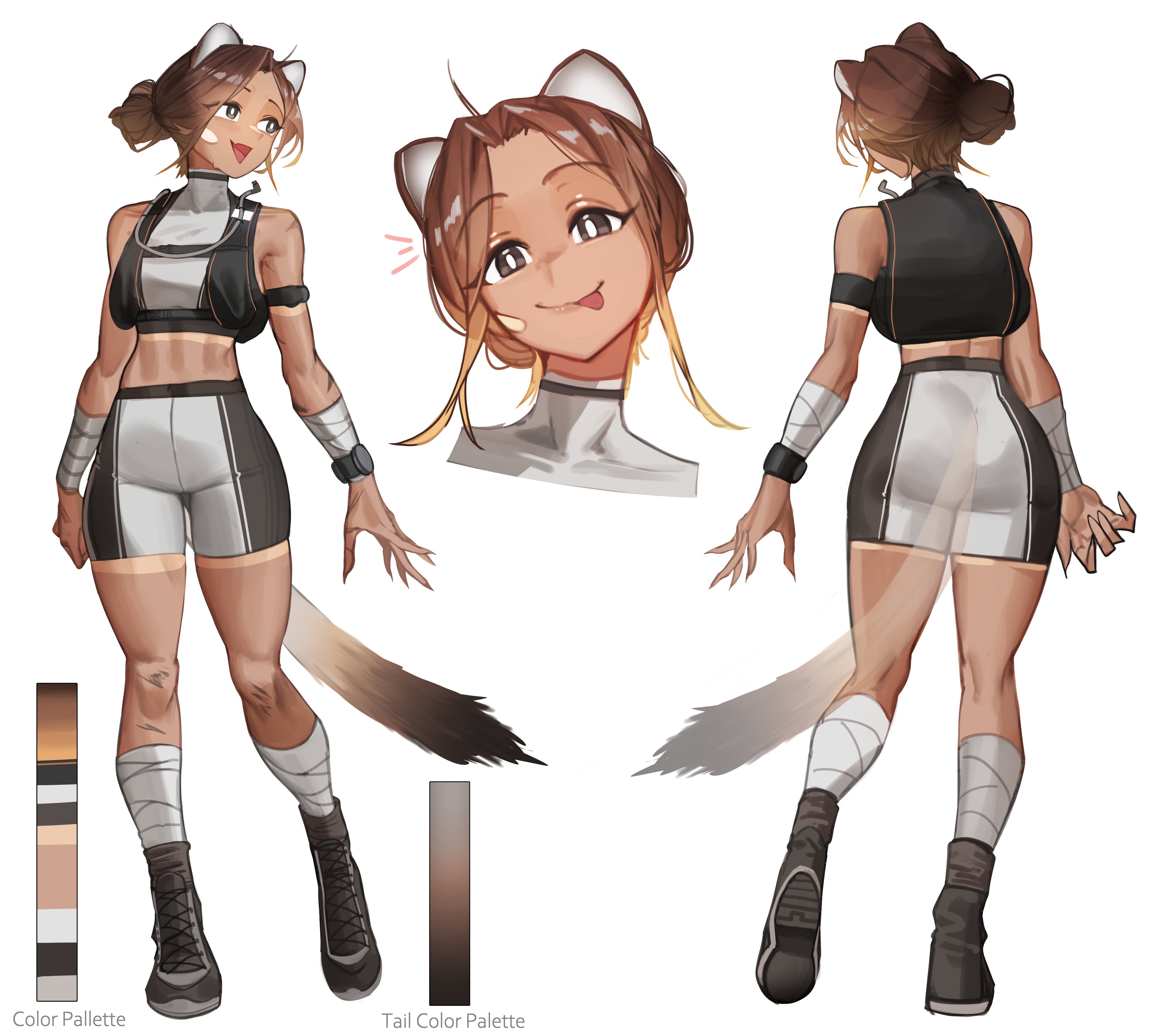 Character reference sheet of Kiri, a stoat girl with round white-lined ears, a messy bun and a long tail that darkens to a black tip. It shows a full-body front view, a full-body back view, a close-up of her face sticking her tongue out, and colour palettes for her outfit and tail. She wears a black-and-grey climbing top and bike shorts, wrapped forearms and shins, a smartwatch, and black boots.